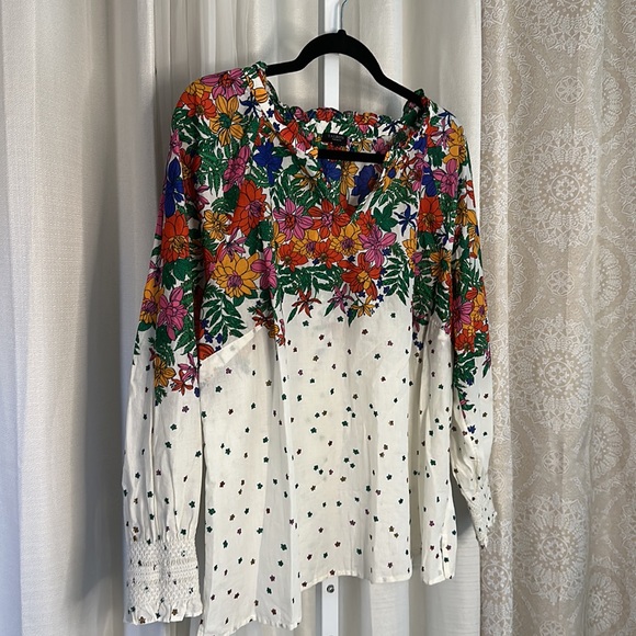 Talbots Plus 2x Top Floral Smocked Cuff V Neck Blouse Ivory Multi womens - Picture 2 of 8